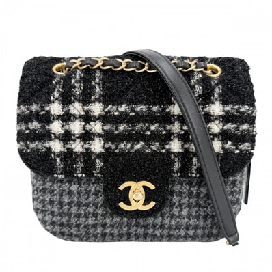 CHANEL シャネル ショルダーバッグ ココマーク ダブルチェーン ターンロック 肩掛け 斜め掛け 2022-23AW ツイード ウール ブラック 黒 グレー ゴールド金具 レディース 美品【中古品】