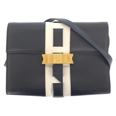 美品 CELINE セリーヌ ヴィンテージ ロゴ リボン金具 ネイビー ホワイト ゴールド金具 レザー ショルダーバッグ ポシェット 602515 【中古】