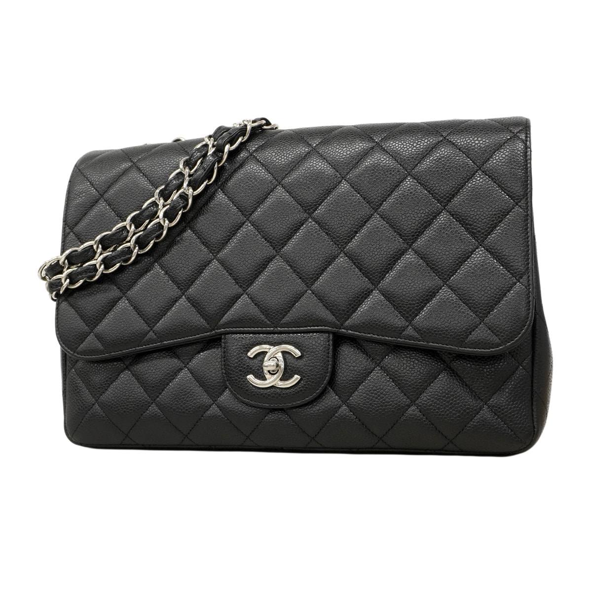 ★SALE【6fa0796】シャネル ショルダーバッグ デカマトラッセ Wチェーン キャビアスキン ブラック シルバー金具【中古】レディース