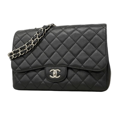 ★SALE【6fa0796】シャネル ショルダーバッグ デカマトラッセ Wチェーン キャビアスキン ブラック シルバー金具【中古】レディース