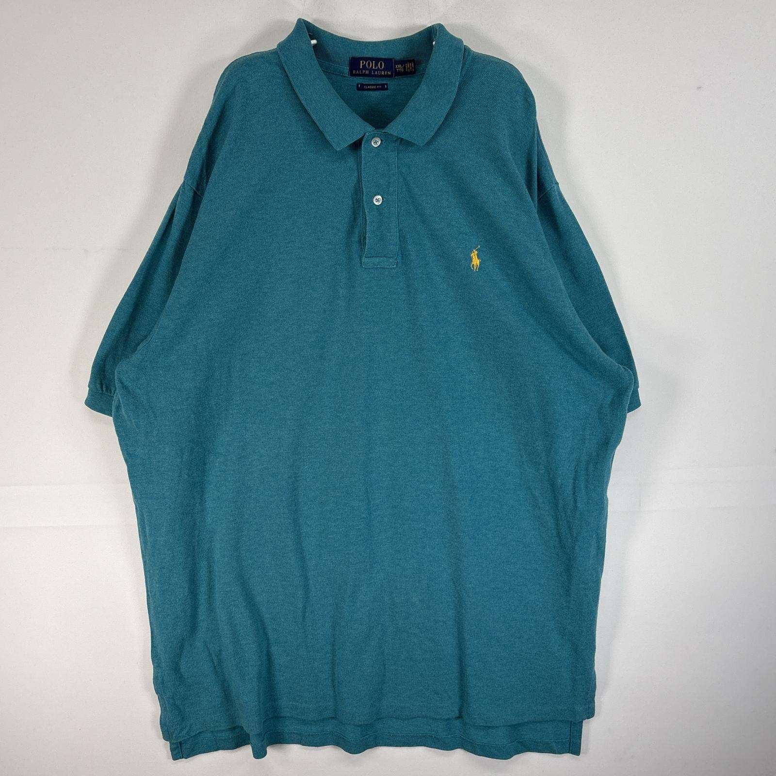 古着 ポロ・ラルフローレン POLO RALPH LAUREN 鹿の子 半袖 ポロシャツ ワンポイント ロゴ 大きいサイズ 2ボタン 14041  ブルー系 無地 メンズ