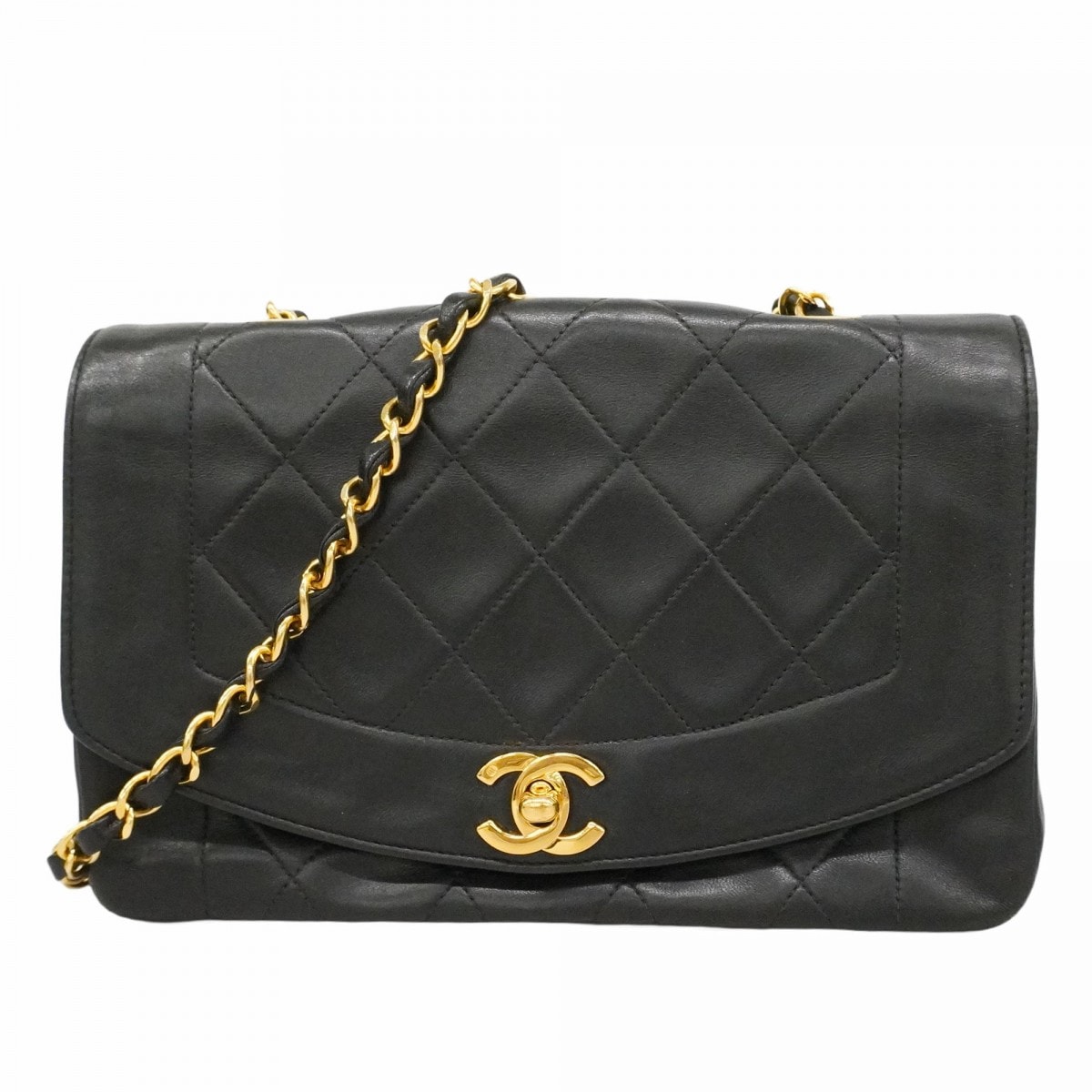 【6dd4371-h】シャネル ショルダーバッグ ダイアナ チェーンショルダー ラムスキン ブラック ゴールド金具【中古】レディース