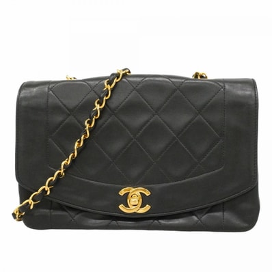 【6dd4371-h】シャネル ショルダーバッグ ダイアナ チェーンショルダー ラムスキン ブラック ゴールド金具【中古】レディース