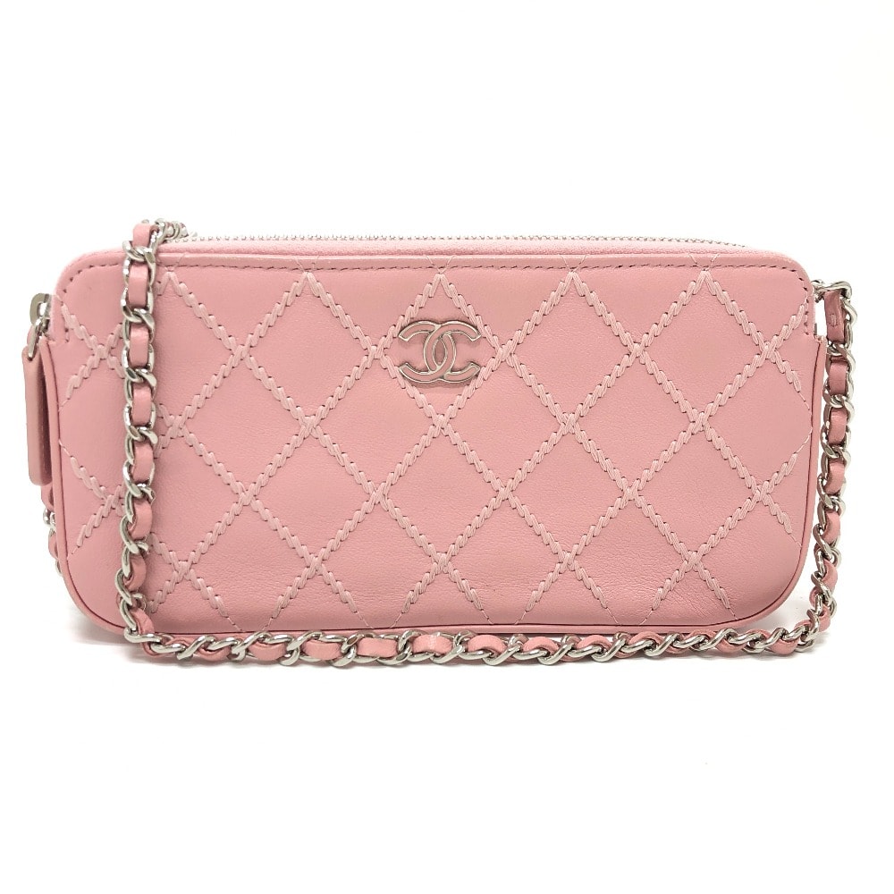 シャネル CHANEL マトラッセ ワイルドステッチ A82527 CC ココマーク チェーンウォレット 長財布 ショルダーバッグ ラムスキン ピンク