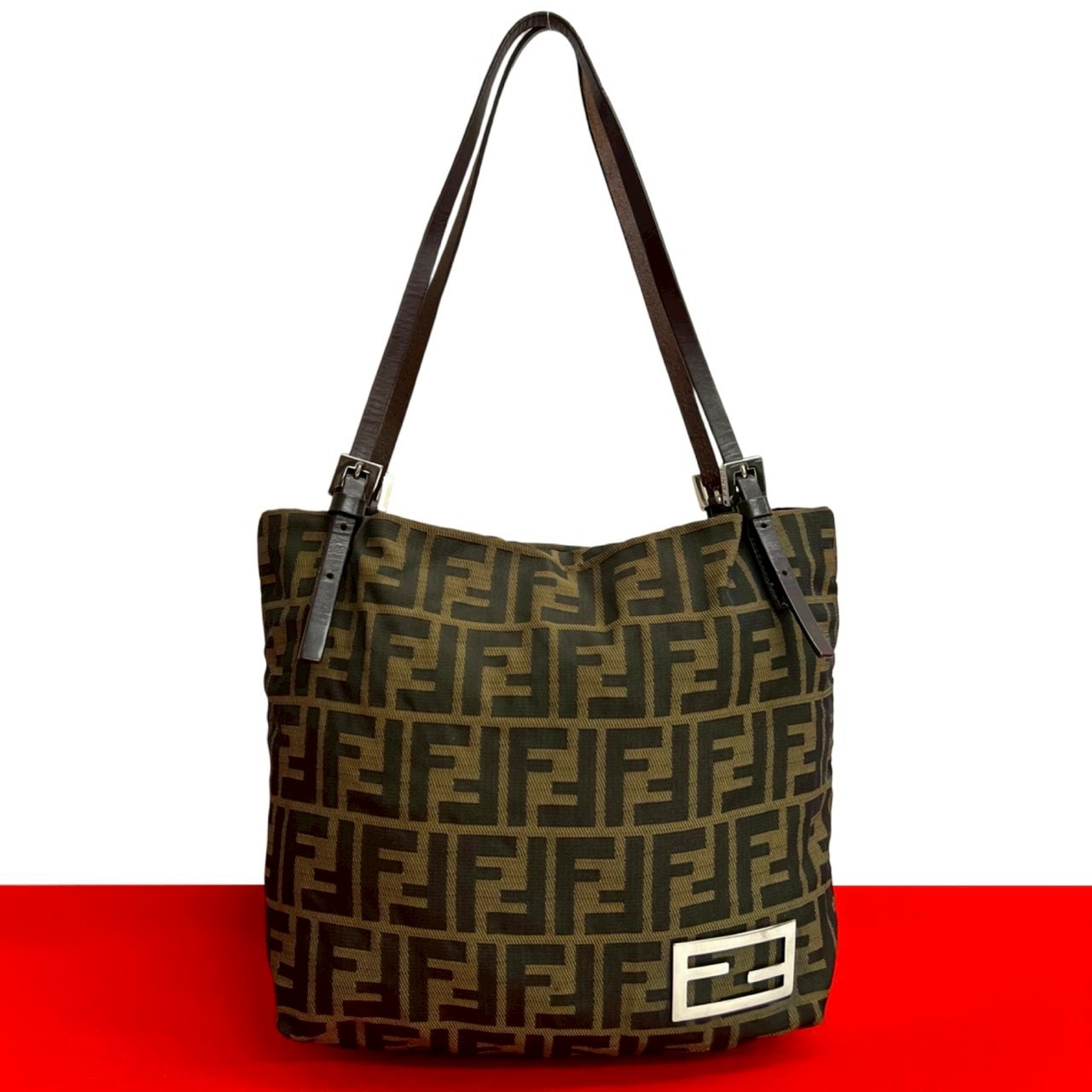 FENDI フェンディ ズッカ FF 柄 キャンバス レザー トートバッグ ブラウン
 91826