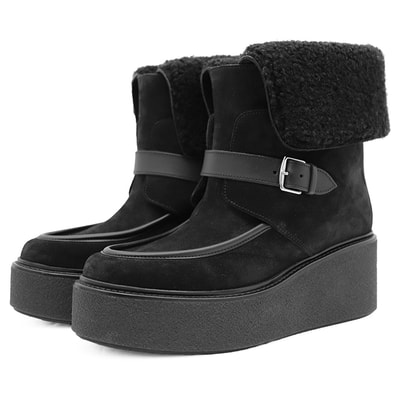 【極美品】HERMES エルメス ムートンショートブーツ サイズ 38 レディース Hemisphere エミスフェール モンクストラップ スエード × ボアライニング 2WAY 厚底 シューズ 革靴 箱・袋付属 ブラック 黒 イタリア製