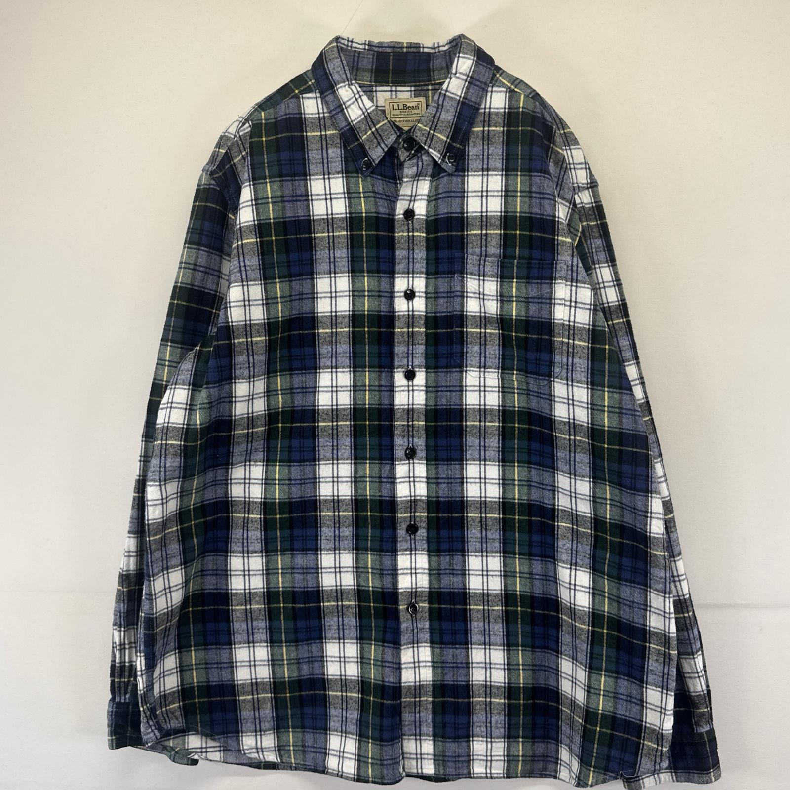 古着 エルエルビーン L.L.Bean 長袖シャツ ボタンダウン 胸ポケット ネルシャツ L  グリーン系 チェック メンズ