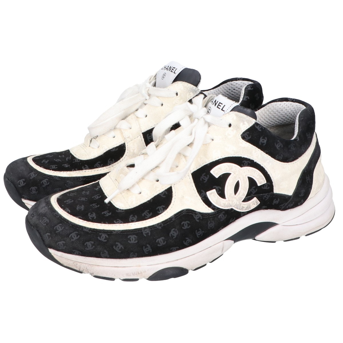 シャネル G39232 ホワイト×ブラック スウェード ココマーク スニーカー 41