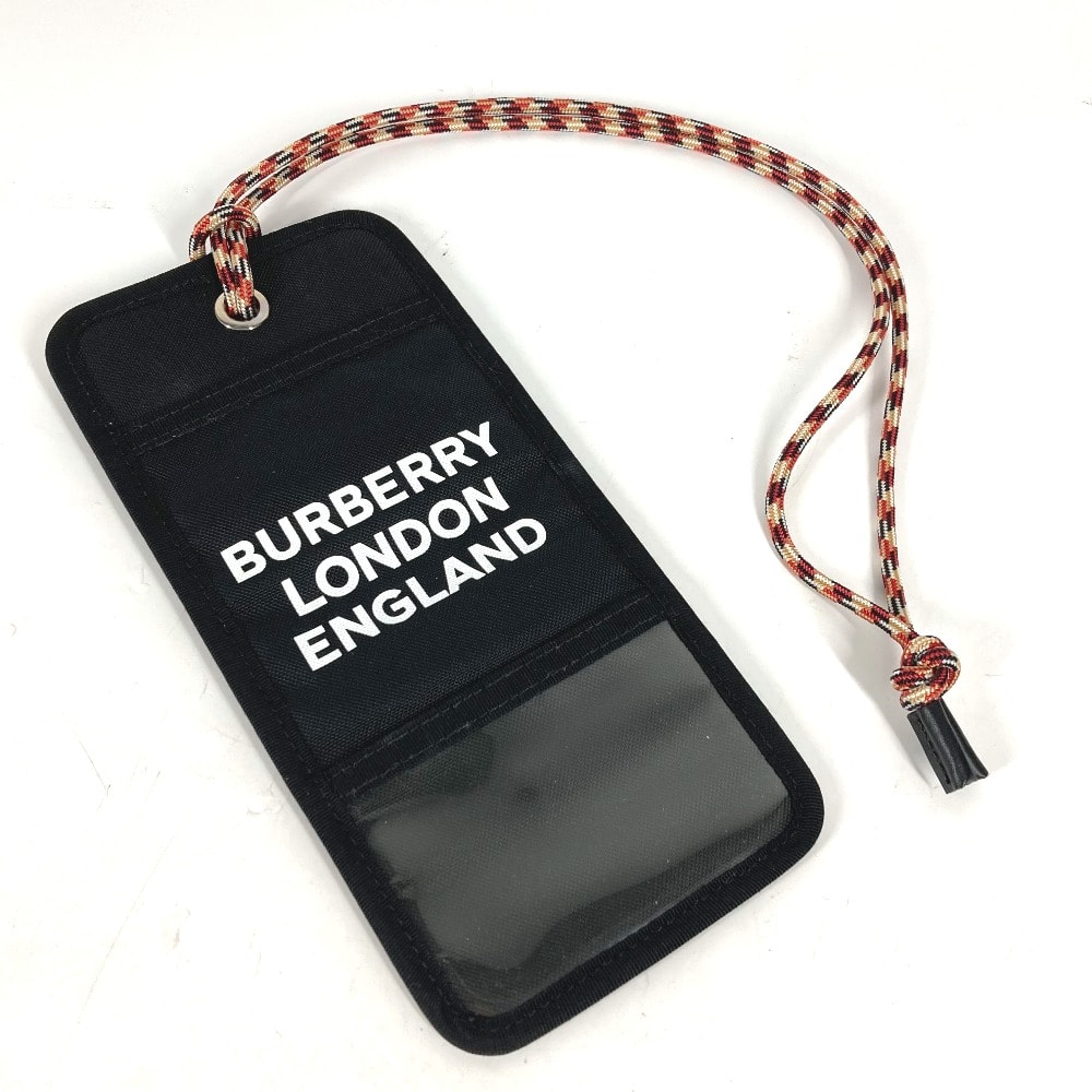バーバリー BURBERRY ロゴ パスケース ネックストラップ付 カードホルダー ポーチ カードケース ナイロン ブラック 美品