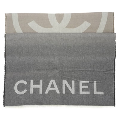 CHANEL シャネル ストール 大判 ロゴ&ココマーク ビッグ フリンジ ベージュ/チャコール カシミヤ 新品同様【中古】