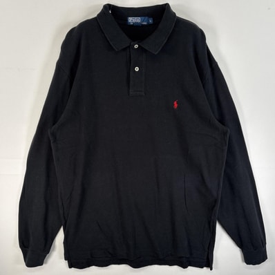 古着 90's/90年代 ポロバイラルフローレン Polo by Ralph Lauren 鹿の子 長袖 ポロシャツ ワンポイント ロゴ 刺繍 2ボタン L ブラック 無地 メンズ