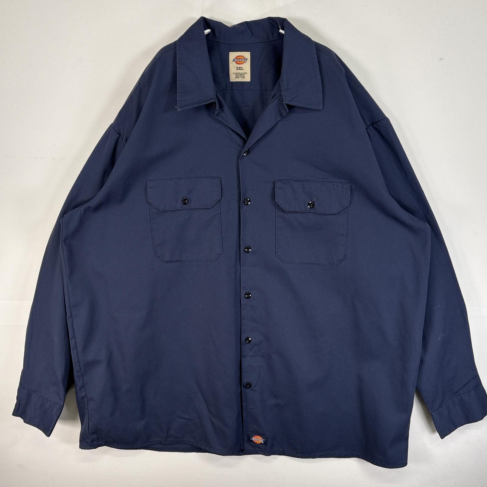 古着 ディッキーズ Dickies 長袖シャツ ワーク 作業着 フラップポケ 大きいサイズ ワンポイント ロゴ 2XL ネイビー 無地 メンズ