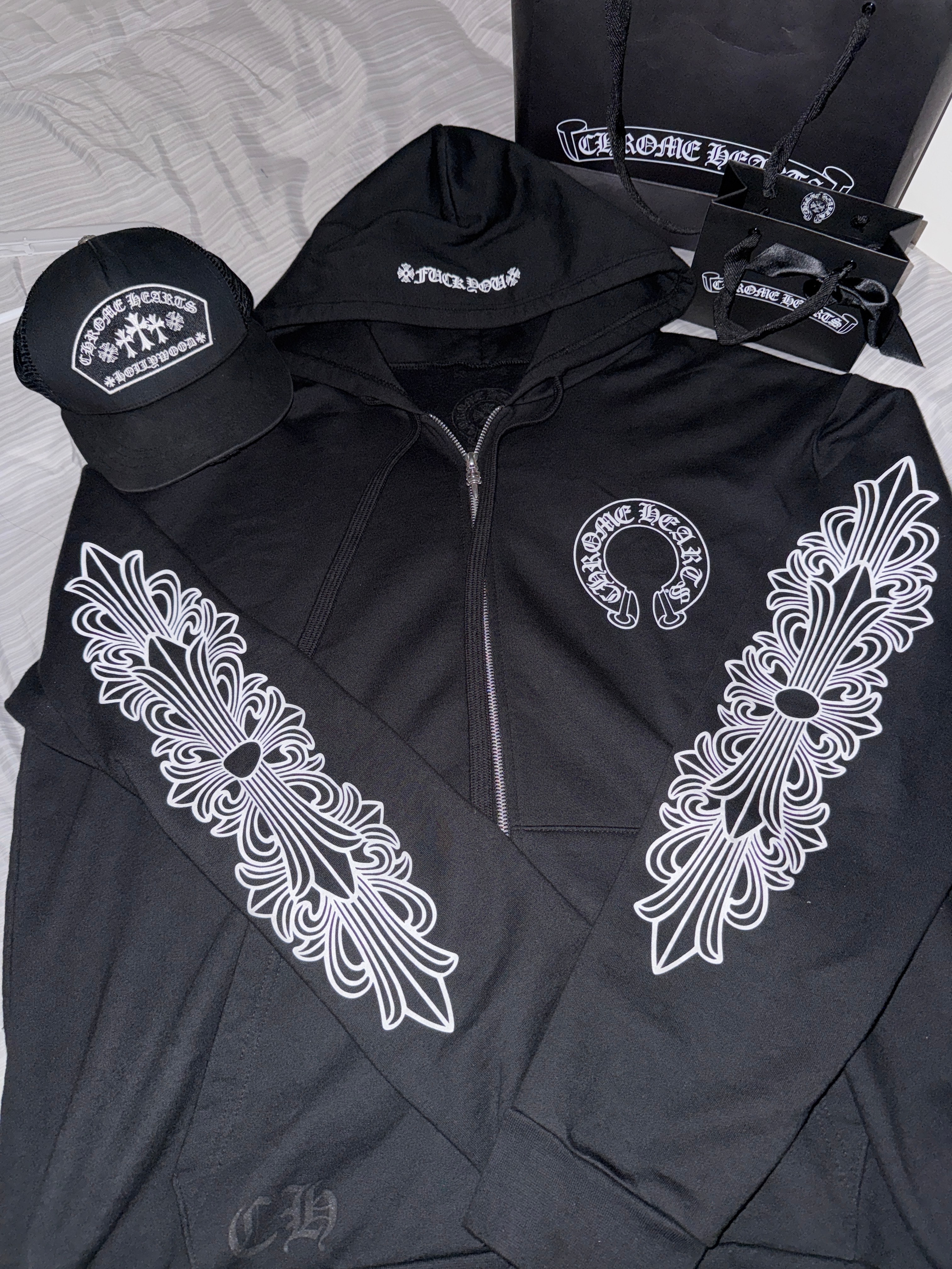 Chrome Hearts Horseshoe Floral Cross Zip-Up Hoodie "Black"