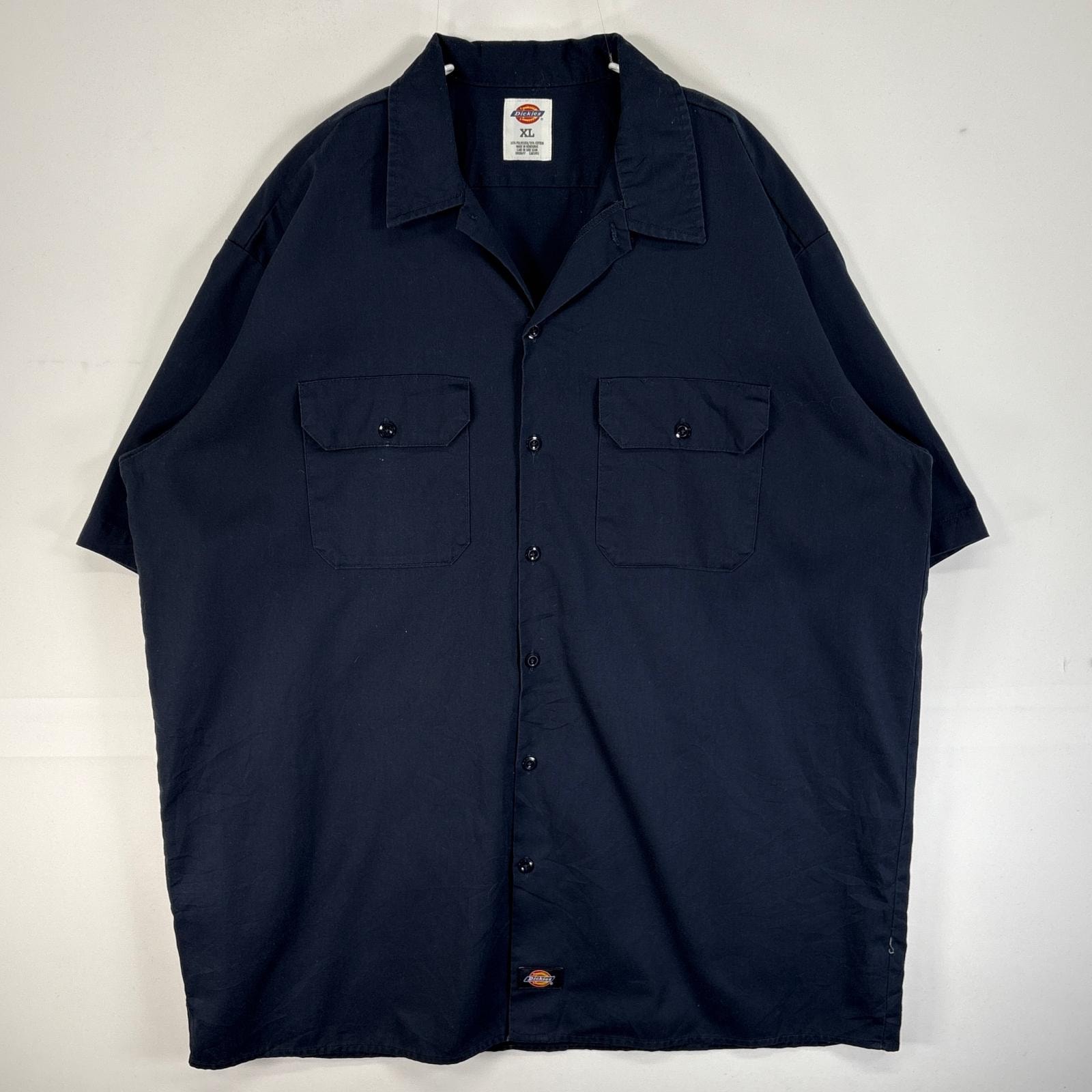 古着 ディッキーズ Dickies 半袖シャツ ワーク フラップポケ 作業着 大きいサイズ ワンポイント ロゴ XL  ネイビー 無地 メンズ