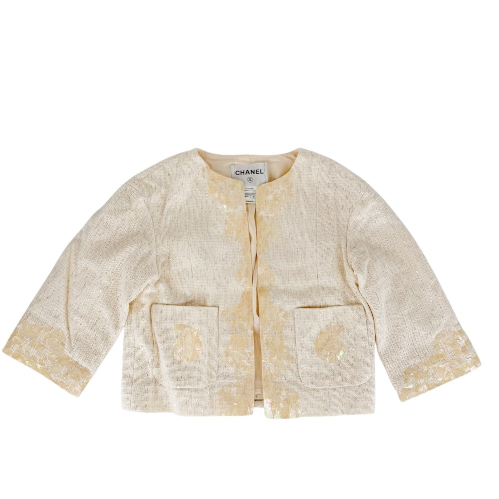 CHANEL シャネル ノーカラージャケット 貝殻 ジャケット アパレル 服 前ホック 38 アイボリー コットン  ビニール  レーヨン  アクリル レディース【中古品】
