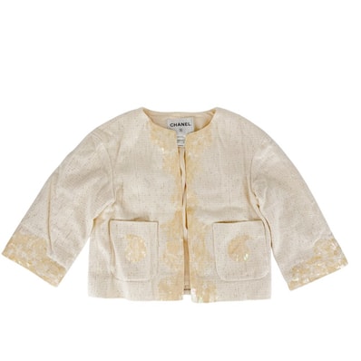 CHANEL シャネル ノーカラージャケット 貝殻 ジャケット アパレル 服 前ホック 38 アイボリー コットン ビニール レーヨン アクリル レディース【中古品】