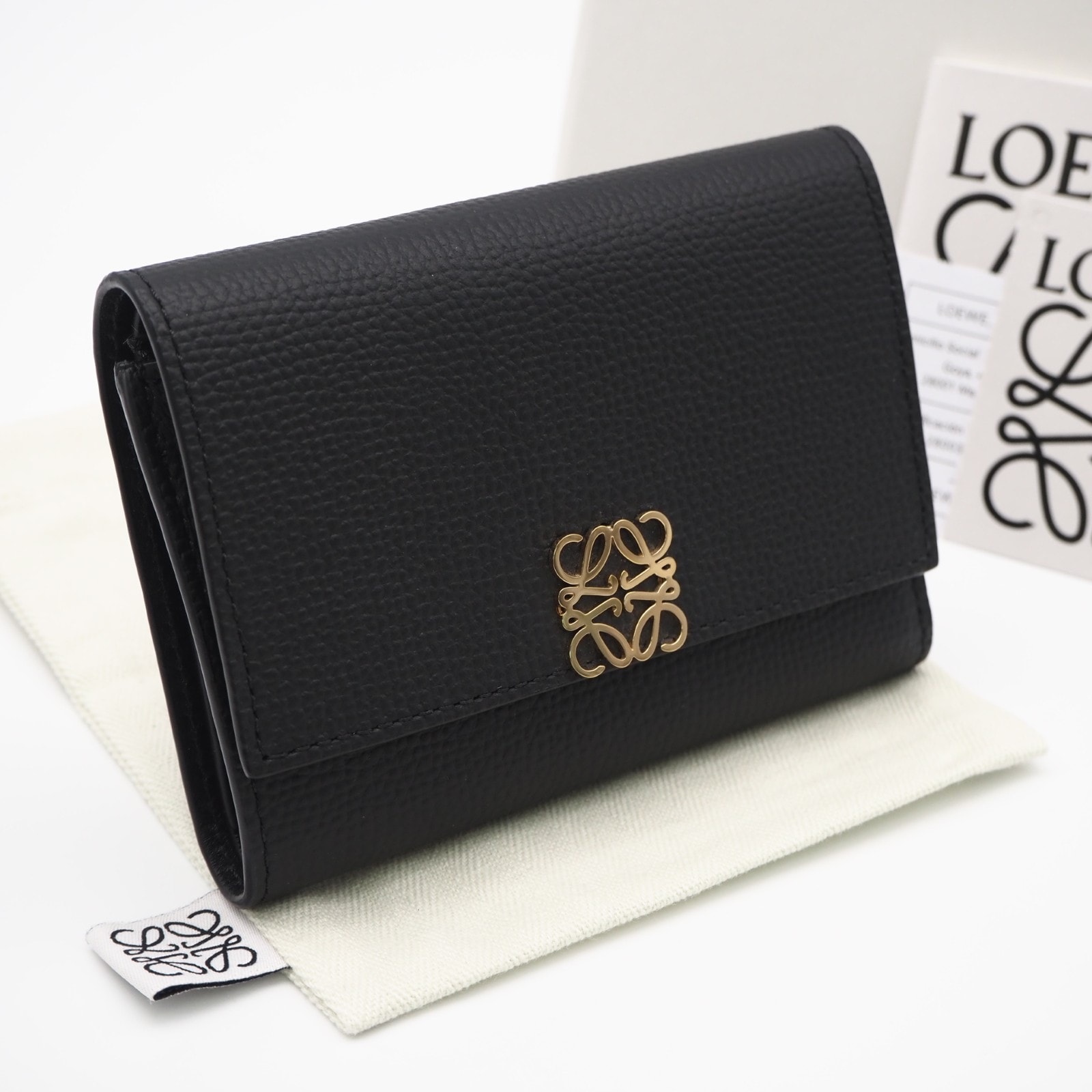 極美品 LOEWE ロエベ アナグラム バーティカル ウォレット スモール C821S33X12 三つ折り財布 ブラック ゴールド グレインカーフレザー レディース
