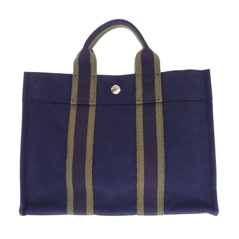 エルメス HERMES フールトゥPM トートバッグ コットン ネイビー カーキ シルバー金具 レディース【中古】【ABランク】