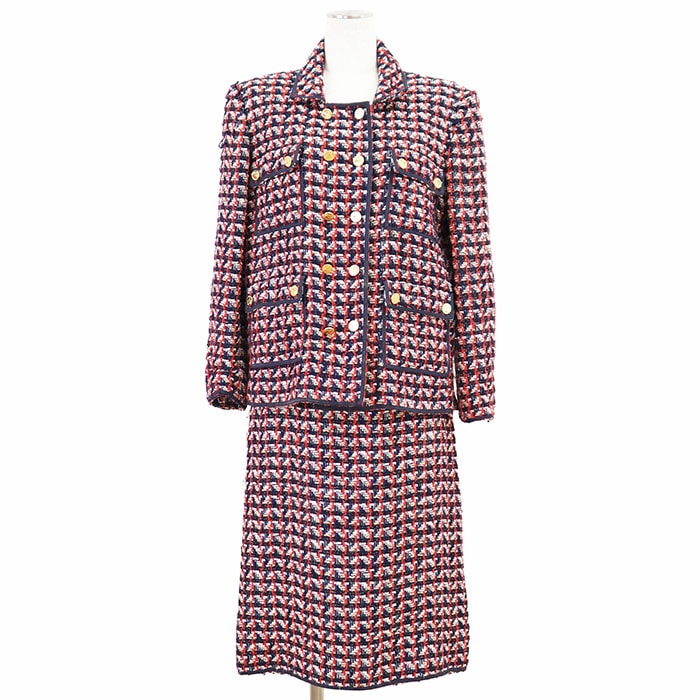 CHANEL シャネル ヴィンテージ セットアップ ウールツイード 20630 ジャケット エレファント 象 金ボタン スカート 膝下丈 ハンガー/ボタン付属 レディース サイズ 38 トリコロール フランス製