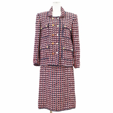 CHANEL シャネル ヴィンテージ セットアップ ウールツイード 20630 ジャケット エレファント 象 金ボタン スカート 膝下丈 ハンガー/ボタン付属 レディース サイズ 38 トリコロール フランス製