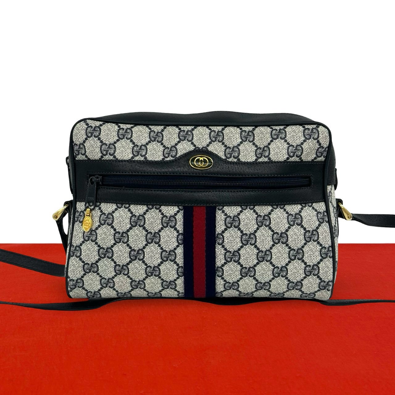 GUCCI グッチ シェリーライン GG 柄 レザー PVC ショルダーバッグ ネイビー
d98-7