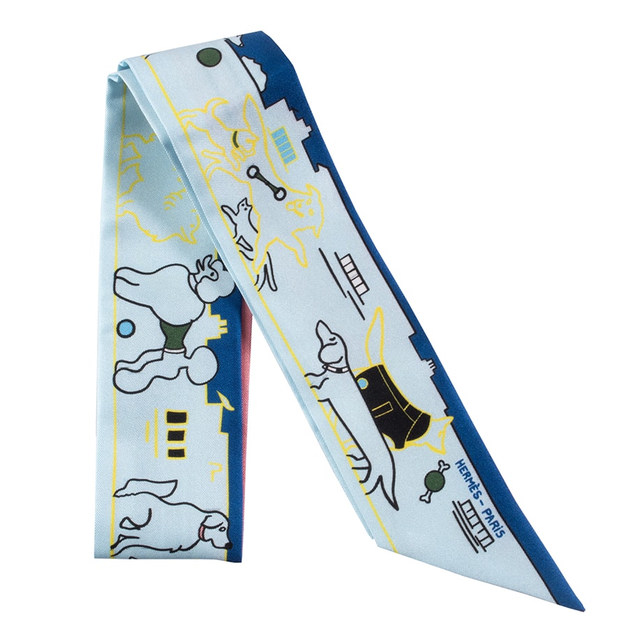 HERMES エルメス ツイリー Les Chiens Parisiens パリジャンの犬 064116S 05 スカーフ 2024SS シルク ブルー イエロー【中古】