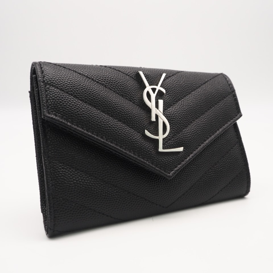 美品 SAINT LAURENT サンローラン カサンドラ モノグラム スモール エンベロープウォレット 414404 カードケース ブラック カーフレザー レディース