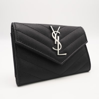 美品 SAINT LAURENT サンローラン カサンドラ モノグラム スモール エンベロープウォレット 414404 カードケース ブラック カーフレザー レディース
