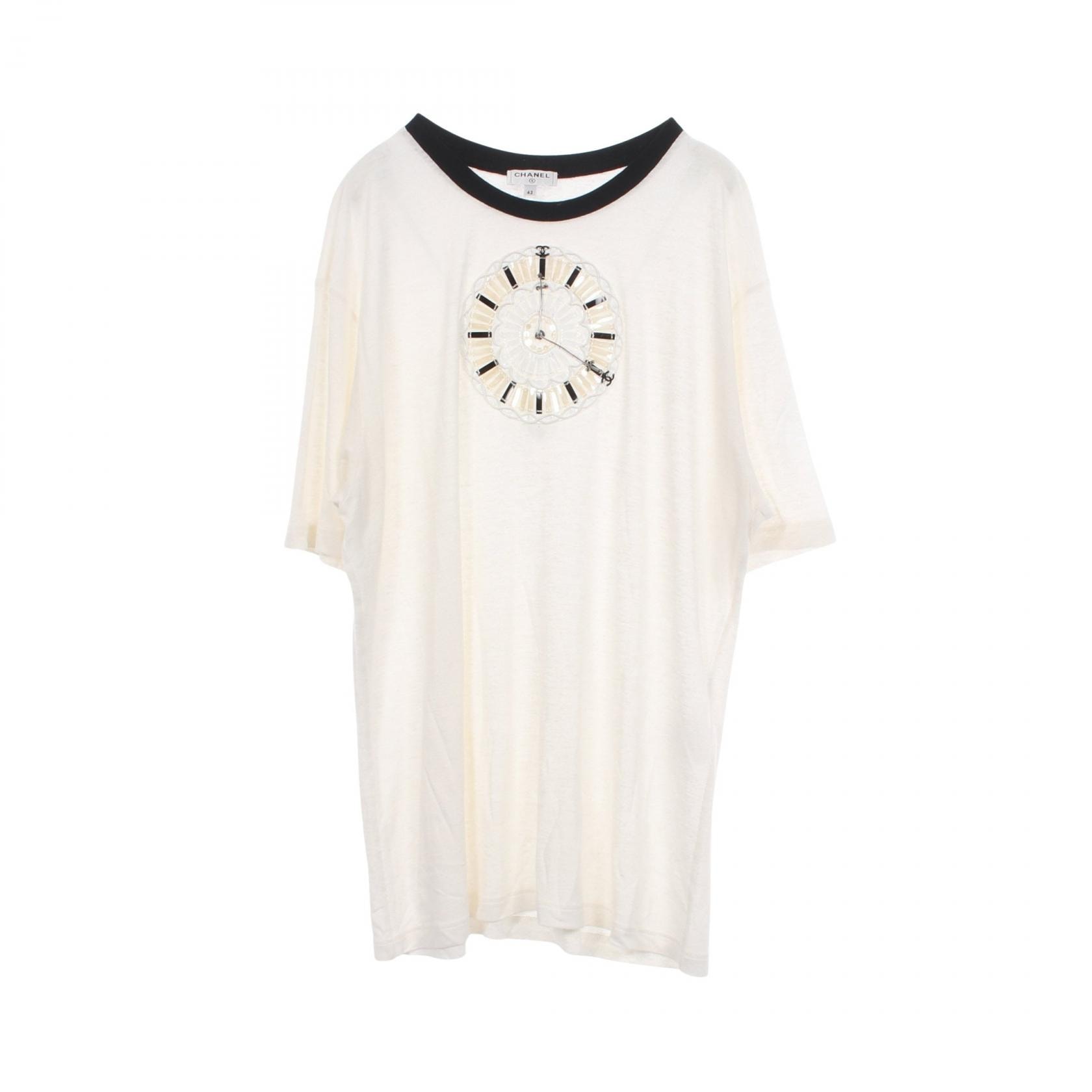 シャネル CHANEL ココマーク クロック ビーズ 半袖Tシャツ 衣料品 トップス ファブリック ビスコース レディース ホワイト系 / ブラック系 【中古】