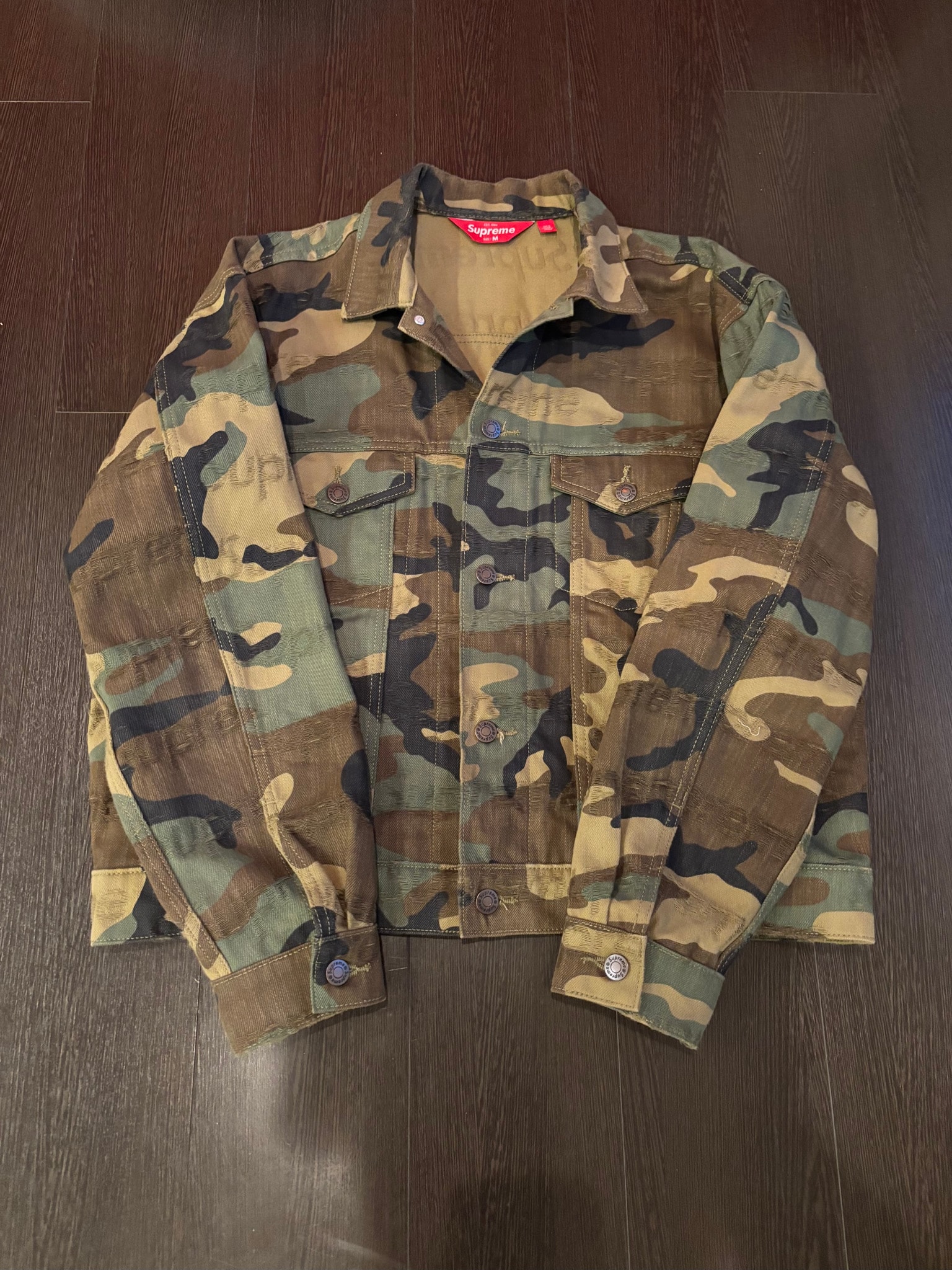 Supreme Jacquard Logos Denim Trucker Jacket "Woodland Camo"