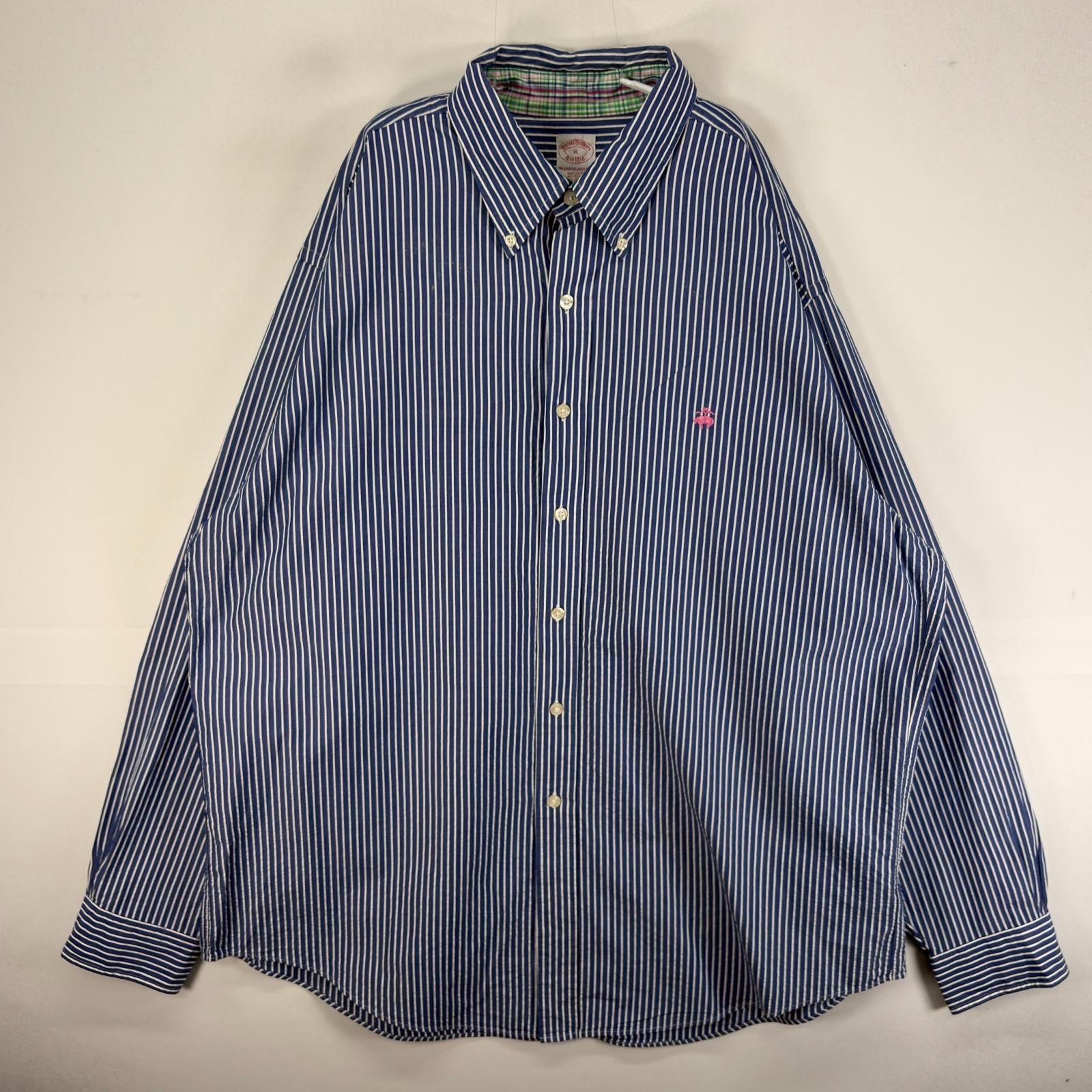 古着 ブルックスブラザーズ Brooks Brothers 長袖シャツ ボタンダウン 1818 刺繍 XL  ネイビー系 ストライプ メンズ