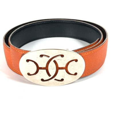 エルメス HERMES ダブルH ロゴ バックル ボトムス用ベルト アクセサリー ベルト レザー L□刻 オレンジ