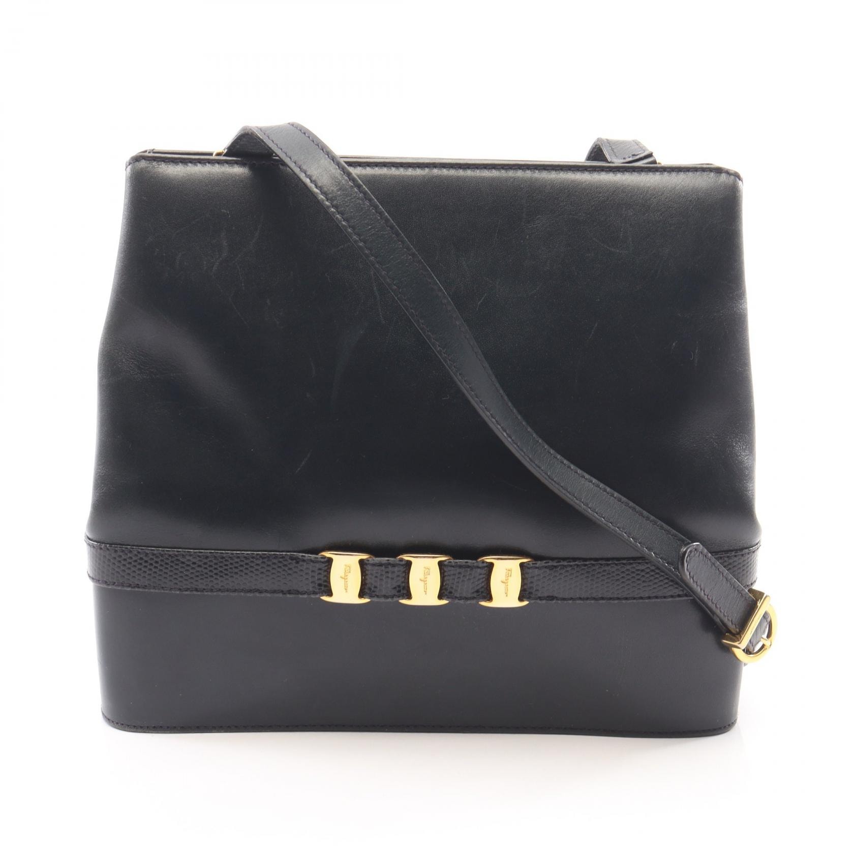 サルヴァトーレフェラガモ Salvatore Ferragamo ヴァラ リザード型押し ショルダーバッグ バッグ レザー レディース ネイビー系 21 4280 【中古】