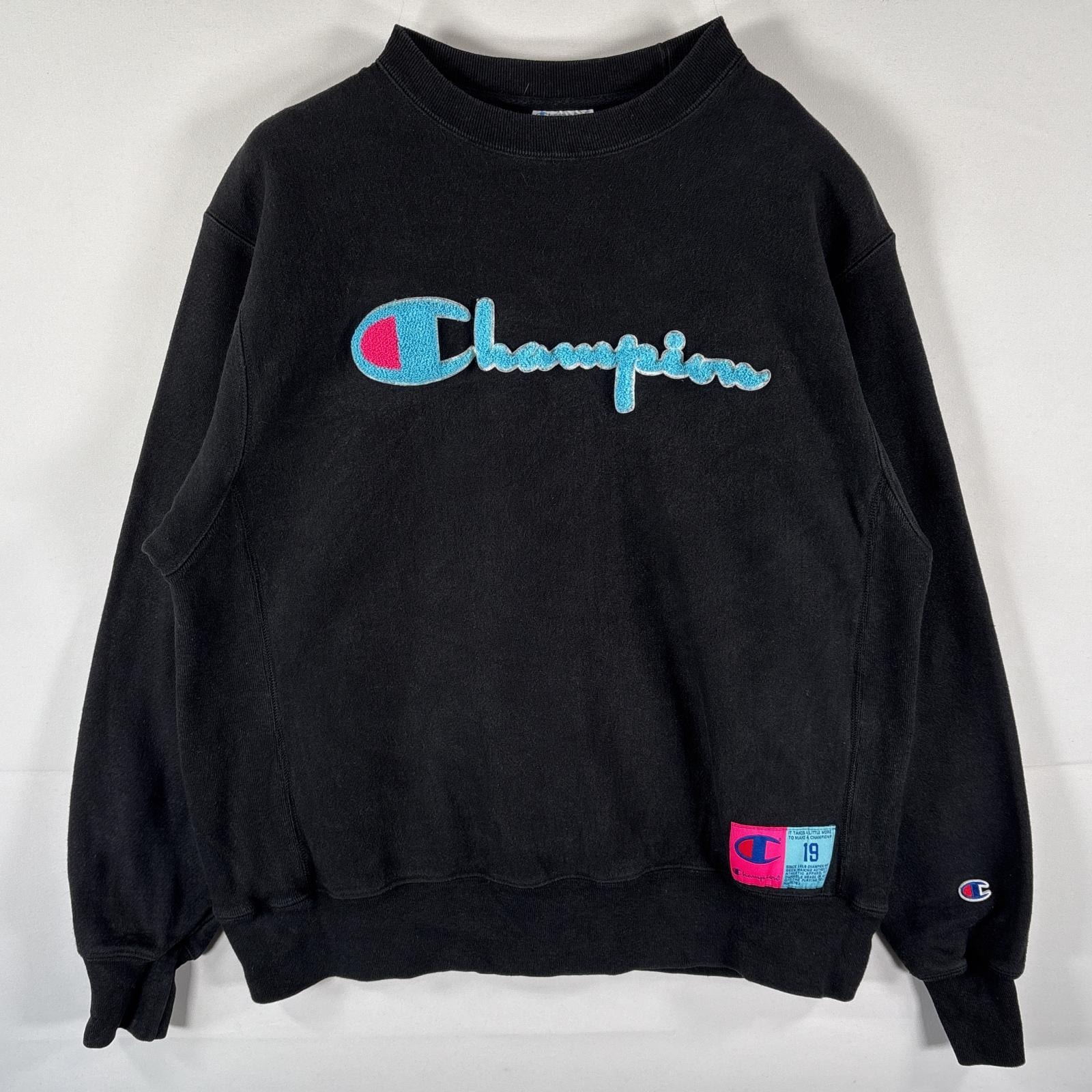 古着 チャンピオン Champion スウェット リバースウィーブ トレーナー クルーネック ビッグロゴ ワッペン刺繍 LARGE ブラック メンズ