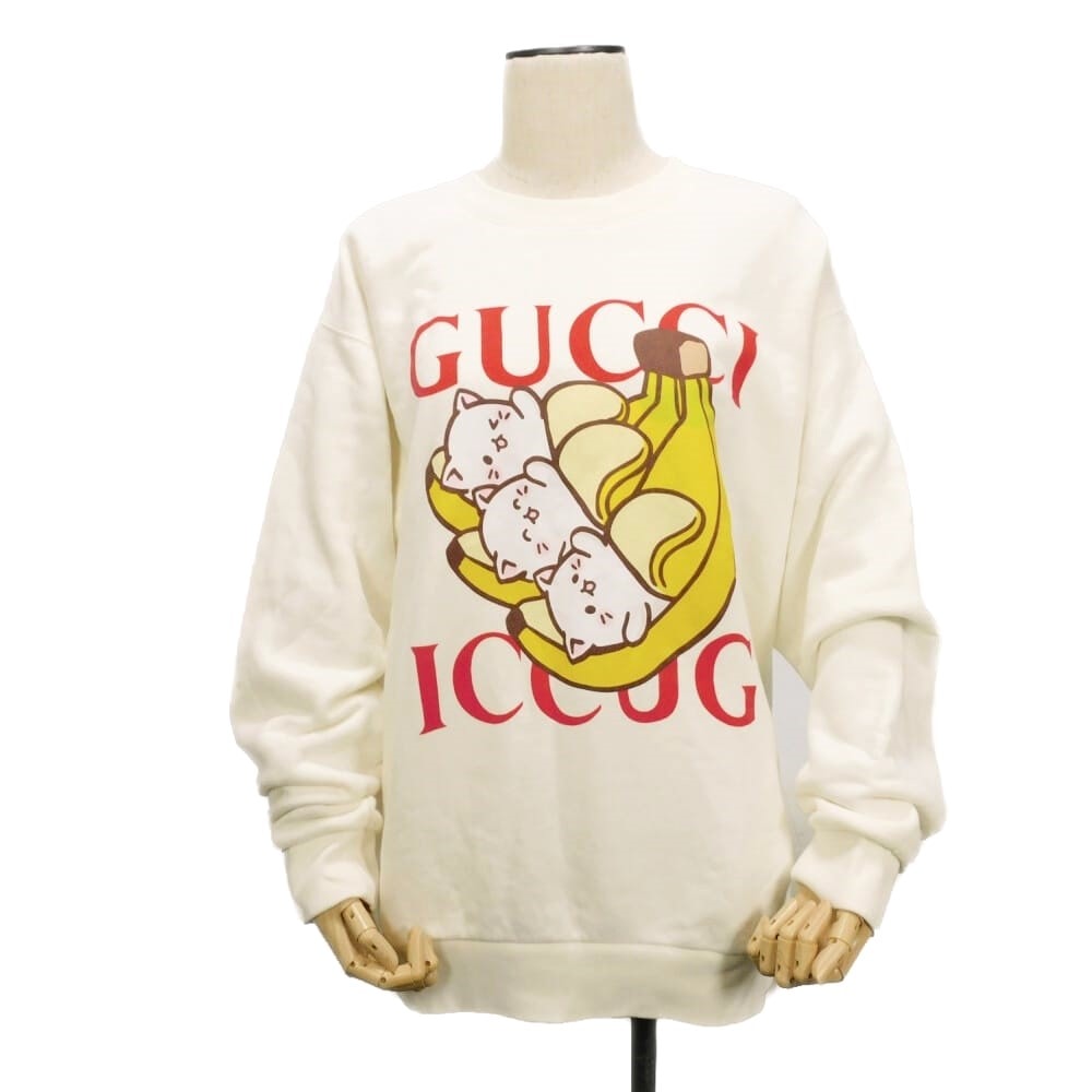 GUCCI グッチ ばなにゃ クルーネック トレーナー S 165/88Y バナナ キャット 猫 ネコ ホワイト レッド イエロー マルチカラー ロゴ コットン アイボリー スウェット 617964 XJDGM 9095