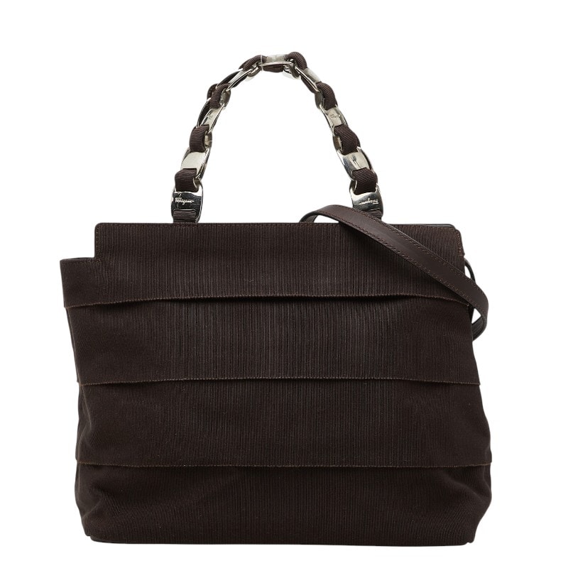 サルヴァトーレフェラガモ ヴァラ チェーン ハンドバッグ AU-21 6689 ダークブラウン ナイロン レザー レディース Salvatore Ferragamo 【中古】