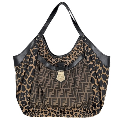 FENDI フェンディ ショルダーバッグ ズッカ トートバッグ ヒョウ柄 レオパード 肩掛け キャンバス レザー ブラウン 茶 ブラック 黒 ゴールド金具 レディース【中古品】