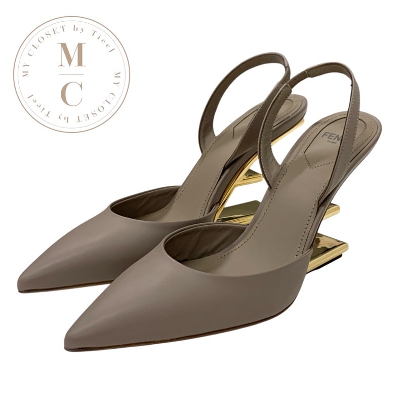 フェンディ FENDI ファースト パンプス 靴 シューズ レザー ブラウン系 ゴールド 未使用 スリングバック メタルヒール サンダル