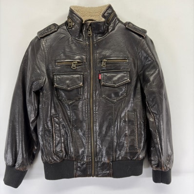 古着 リーバイス Levi's ジャケット バイカー ミリタリータイプ フライトジャケット レザー フルジップ 128-140cm ブラウン系 キッズ