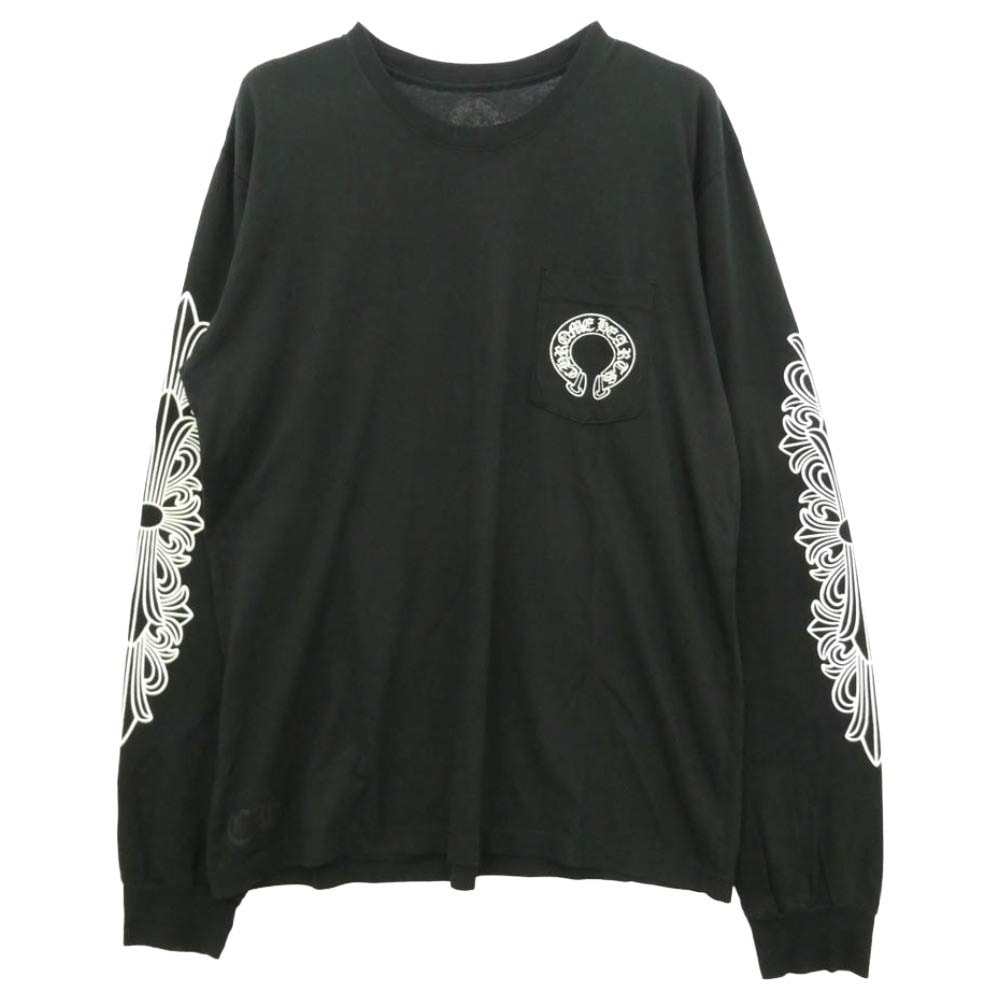 CHROME HEARTS クロムハーツ(原本無) FLOLAL CROSS HORSESHOE L/S Tee フローラルクロス バックホースシュー プリント 長袖 Tシャツ ブラック系 XL【美品】【中古】
