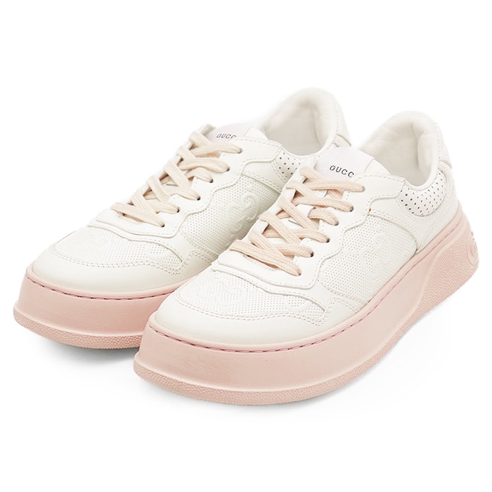【美品】GUCCI グッチ ローカットスニーカー レザー シグネチャー ロゴ GG インターロッキング エンボス プリント レースアップ 厚底 シューズ 革靴 レディース サイズ 37 オフホワイト ピンクベージュ イタリア製