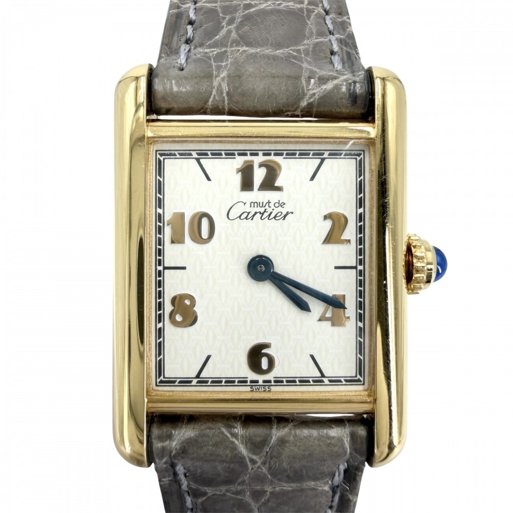 CARTIER カルティエ 腕時計 マストタンク SM ヴェルメイユ ウォッチ アラビア文字盤 182709 クオーツ レザー  ステンレススチール  シルバー925  グレー系 ゴールド レディース【中古品】
