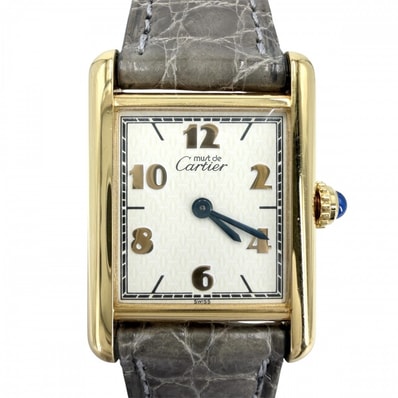 CARTIER カルティエ 腕時計 マストタンク SM ヴェルメイユ ウォッチ アラビア文字盤 182709 クオーツ レザー ステンレススチール シルバー925 グレー系 ゴールド レディース【中古品】
