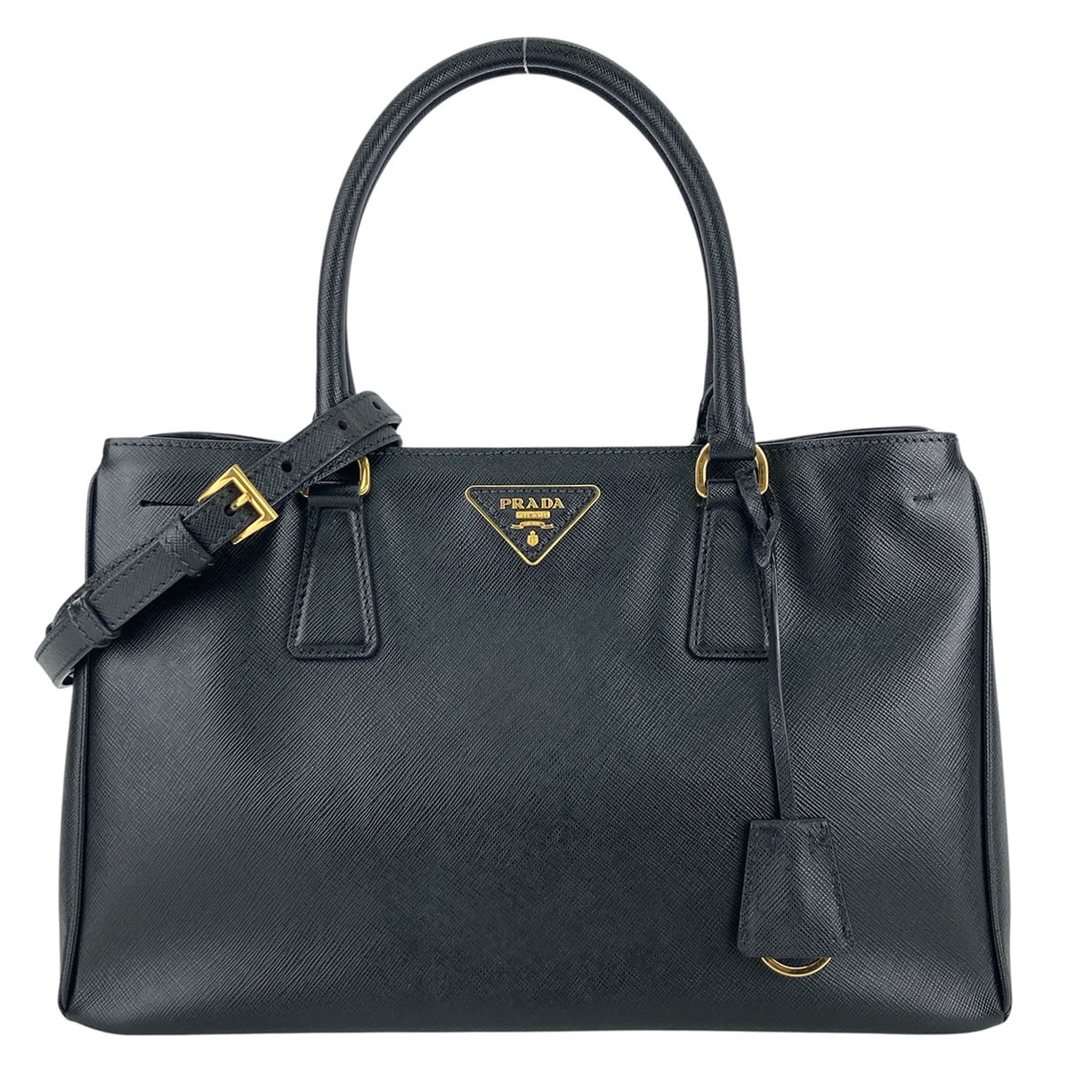 PRADA プラダ ガレリア  ミディアム 2WAY ハンドバッグ トライアングルロゴ ショッピングトートバッグ ショルダーバッグ BN1874 サフィアーノ ブラック ゴールド金具  レディース【中古】