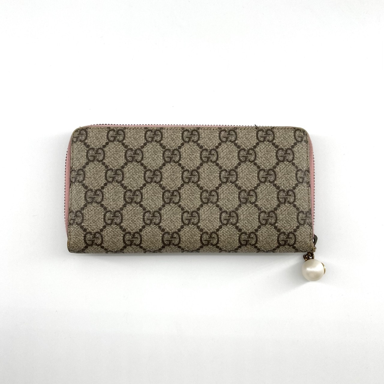 GUCCI(グッチ) GGスプリーム ピオニー ジップアラウンド フェイクパール 431477 長財布 ベージュ×ピンク