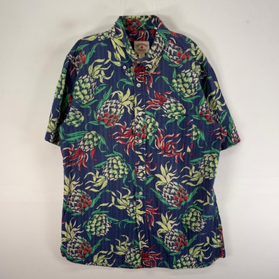 古着 ブルックスブラザーズ Brooks Brothers 半袖シャツ 胸ポケ Red Fleece アロハ M ネイビー系 総柄 メンズ