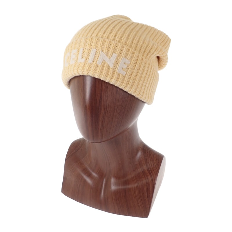 セリーヌ CELINE リブ編みロゴニット帽 2AH35423P ニットキャップ ウール イエロー レディース メンズ【中古】【Aランク】