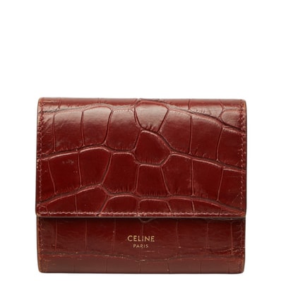 セリーヌ クロコ型押し スモール トリフォールドウォレット 三つ折り財布 レッド レザー レディース CELINE 中古