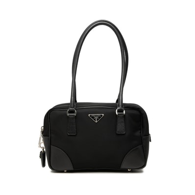 プラダ 三角ロゴプレート トートバッグ ショルダーバッグ ブラック ナイロン サフィアーノレザー レディース PRADA 中古