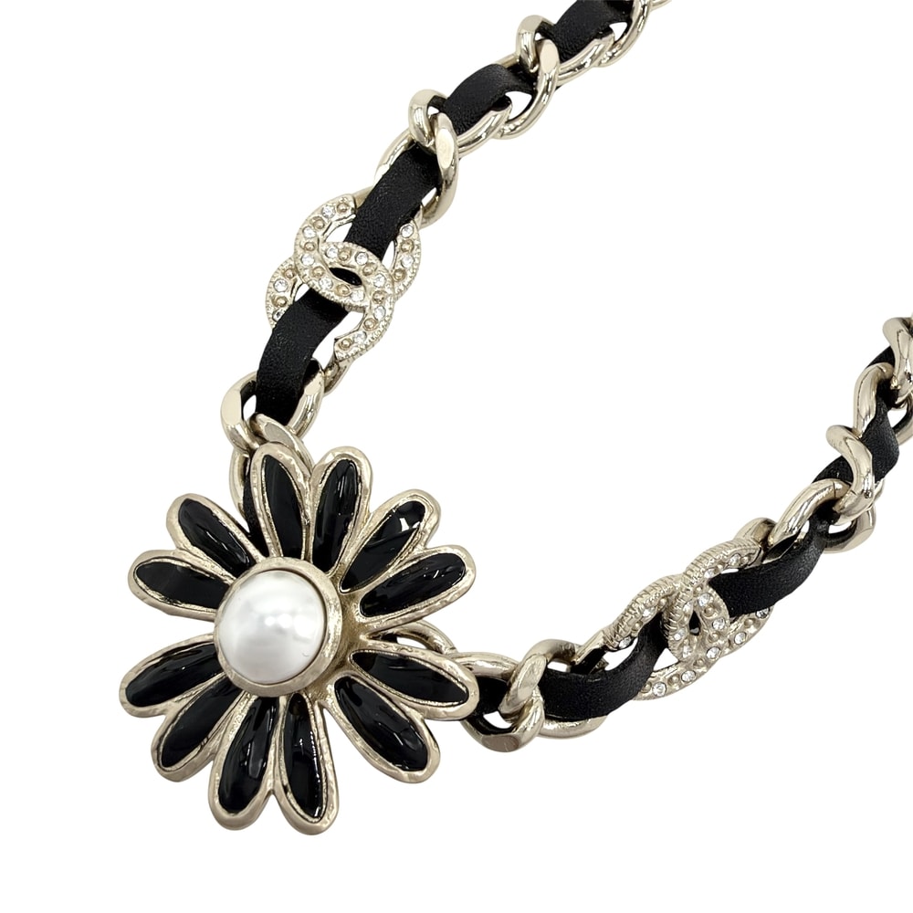CHANEL シャネル ネックレス ココマーク フラワーモチーフ ストラス アジャスター付き アクセサリー GP レザー ラインストーン AB9664 A22K シルバー レディース 約42.6g 美品 2022年【中古品】